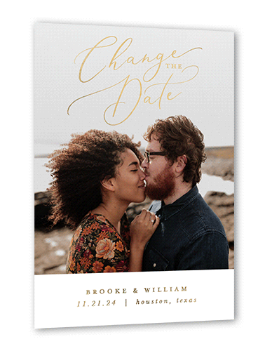 Change of Plans Save The Date, White, Gold Foil, 5x7, Matte, Personalized Foil Cardstock, Square