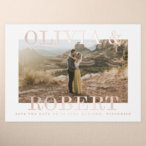 Bright Names Together Save The Date, Rose Gold Foil, White, 5x7, Matte, Personalized Foil Cardstock, Square, White