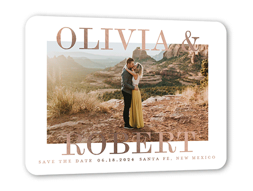 Bright Names Together Save The Date, White, Rose Gold Foil, 5x7, Matte, Personalized Foil Cardstock, Rounded