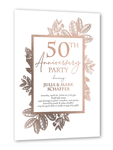 Formal Foliage Wedding Anniversary Invitation, Rose Gold Foil, Beige, 5x7, Matte, Personalized Foil Cardstock, Square