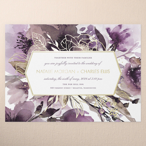 Abstract Bouquet Wedding Invitation, Purple, Gold Foil, 5x7, Matte, Personalized Foil Cardstock, Square
