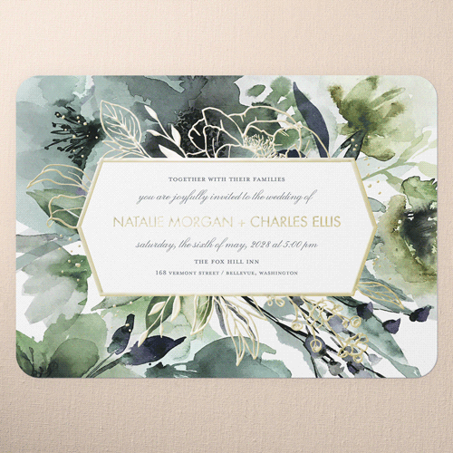 Abstract Bouquet Wedding Invitation, Blue, Gold Foil, 5x7, Matte, Personalized Foil Cardstock, Rounded