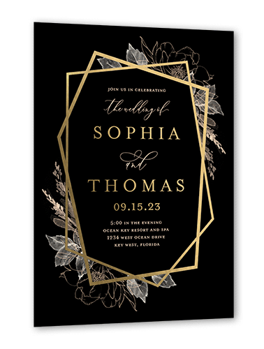 Etched Floral Wedding Invitation, Gold Foil, Black, 5x7, Matte, Personalized Foil Cardstock, Square, White