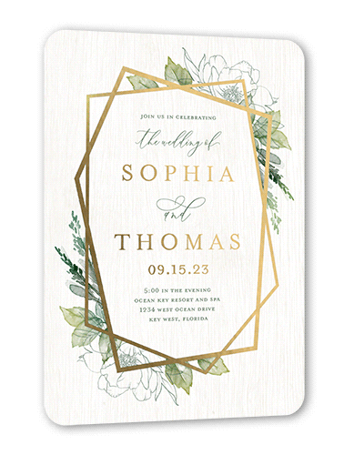Etched Floral Wedding Invitation, Gold Foil, Green, 5x7, Matte, Personalized Foil Cardstock, Rounded
