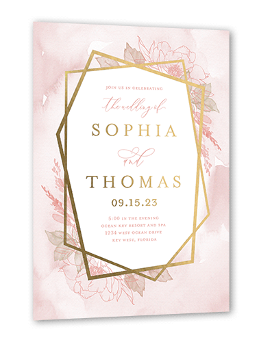 Etched Floral Wedding Invitation, Pink, Gold Foil, 5x7, Matte, Personalized Foil Cardstock, Square