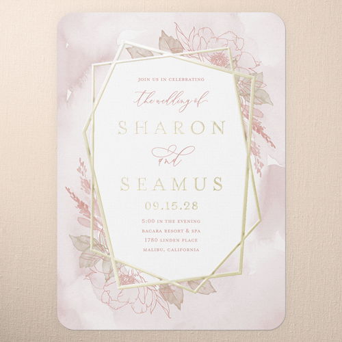 Etched Floral Wedding Invitation, Pink, Gold Foil, 5x7, Matte, Personalized Foil Cardstock, Rounded