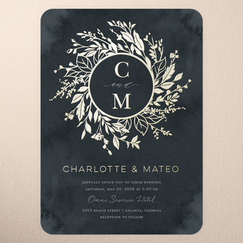 Garland Initials Wedding Invitation, Black, Gold Foil, 5x7, Matte, Personalized Foil Cardstock, Rounded