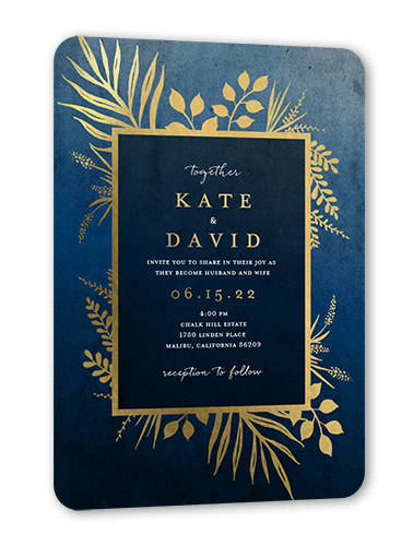Tropic Fauna Wedding Invitation, Blue, Gold Foil, 5x7, Matte, Personalized Foil Cardstock, Rounded