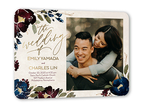 Gilded Flowers Wedding Invitation, Gold Foil, Purple, 5x7, Matte, Personalized Foil Cardstock, Rounded