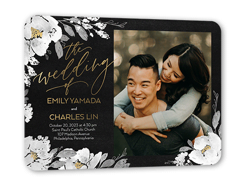 Gilded Flowers Wedding Invitation, Gold Foil, White, 5x7, Matte, Personalized Foil Cardstock, Rounded