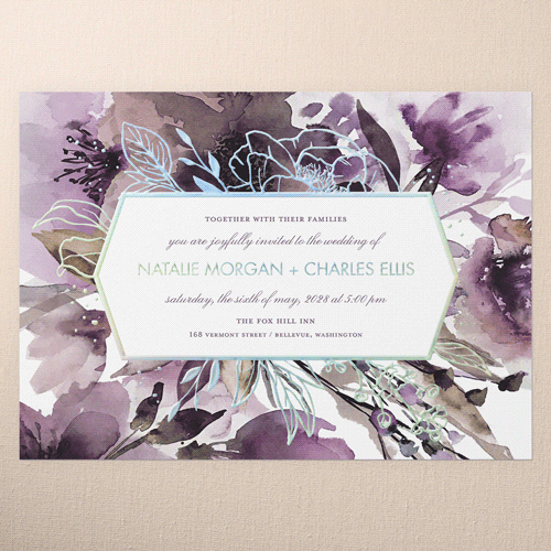 Abstract Bouquet Wedding Invitation, Iridescent Foil, Purple, 5x7, Matte, Personalized Foil Cardstock, Square