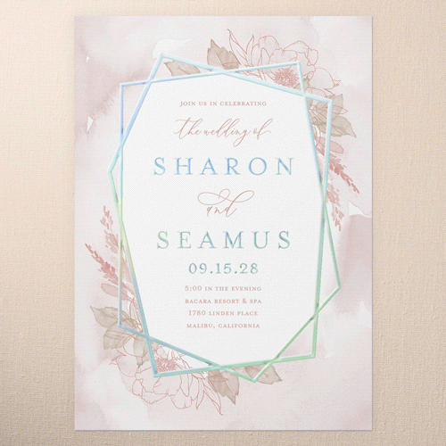 Etched Floral Wedding Invitation, Iridescent Foil, Pink, 5x7, Matte, Personalized Foil Cardstock, Square