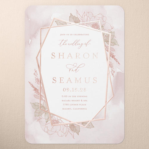 Etched Floral Wedding Invitation, Rose Gold Foil, Pink, 5x7, Matte, Personalized Foil Cardstock, Rounded
