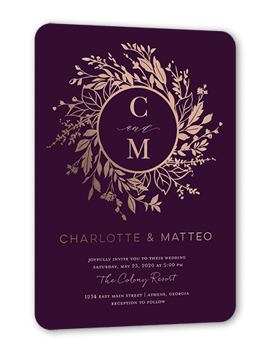 Garland Initials Wedding Invitation, Purple, Rose Gold Foil, 5x7, Matte, Personalized Foil Cardstock, Rounded