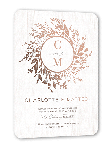 Garland Initials Wedding Invitation, White, Rose Gold Foil, 5x7, Matte, Personalized Foil Cardstock, Rounded, White