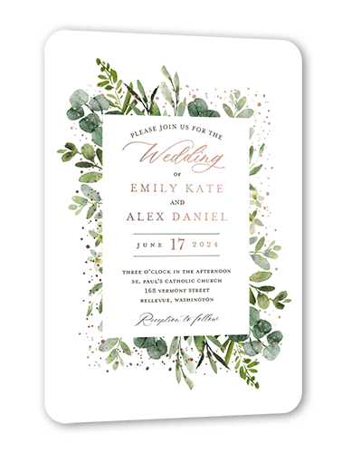 Border Botanicals Wedding Invitation, White, Rose Gold Foil, 5x7, Matte, Personalized Foil Cardstock, Rounded