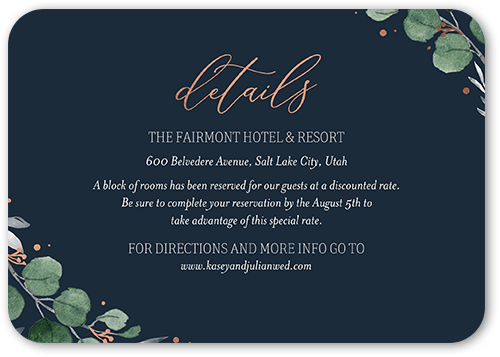 Brushed Botanicals Wedding Enclosure Card, Rose Gold Foil, Grey, Signature Smooth Cardstock, Rounded, Blue Slate