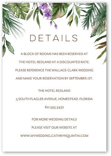Tropical Herald Wedding Enclosure Card, Purple, Matte, Signature Smooth Cardstock, Square