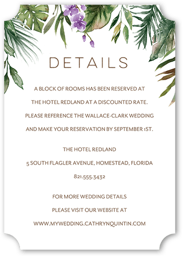 Tropical Herald Wedding Enclosure Card, Purple, Pearl Shimmer Cardstock, Ticket