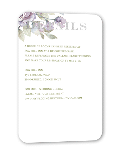 Diamond Blossoms Wedding Enclosure Card, Silver Foil, Purple, Pearl Shimmer Cardstock, Rounded