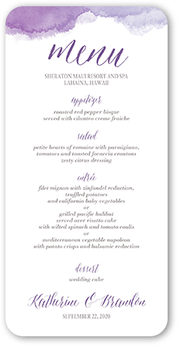 Simply Watercolor Wedding Menu, Purple, 4x8 Menu, Standard Smooth Cardstock, Rounded, Baroque