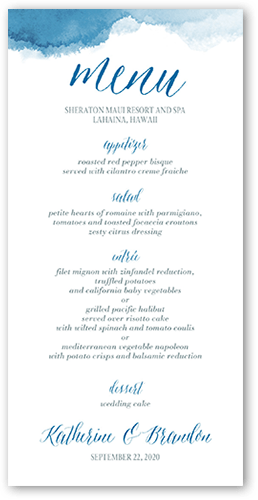 Simply Watercolor Wedding Menu, Blue, 4x8 Menu, 100% Recycled Cardstock , Square