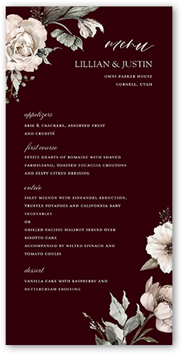 Black Tie Affair Wedding Menu, Red, 4x8 Menu, Pearl Shimmer Cardstock, Square, Garnet