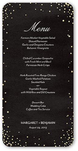 Elegant Sky Wedding Menu, Black, 4x8 Menu, Pearl Shimmer Cardstock, Rounded