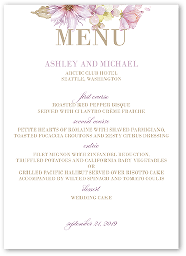 Watercolor Bouquet Wedding Menu, Purple, 5x7 Flat Menu, Luxe Double-Thick Cardstock, Square