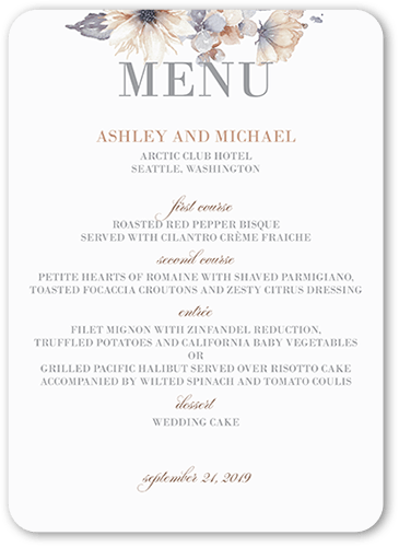 Watercolor Bouquet Wedding Menu, Beige, 5x7 Flat Menu, Pearl Shimmer Cardstock, Rounded
