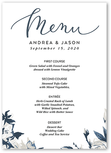 Crisp Petals Wedding Menu, Grey, 5x7 Flat Menu, Pearl Shimmer Cardstock, Square