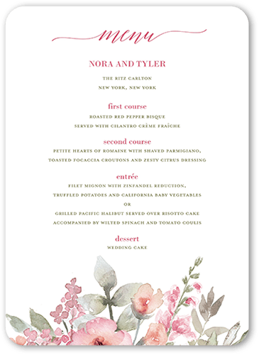 Diamond Blossoms Wedding Menu, Pink, 5x7 Flat Menu, 100% Recycled Cardstock , Rounded