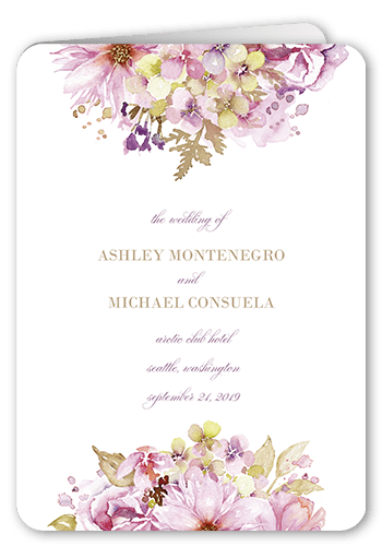 Watercolor Bouquet Wedding Program, Purple, 5x7, Pearl Shimmer Cardstock, Rounded