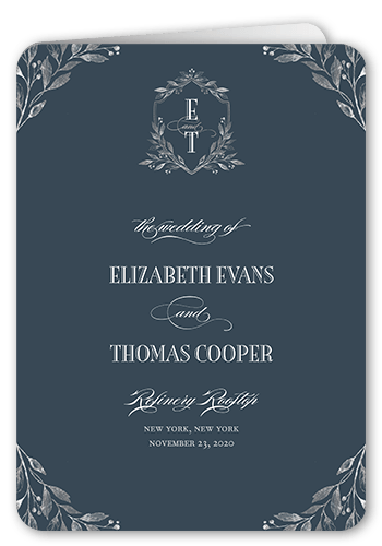 Classic Herald Wedding Program, Blue, 5x7, Matte, Folded Smooth Cardstock, Rounded, Deep Blue