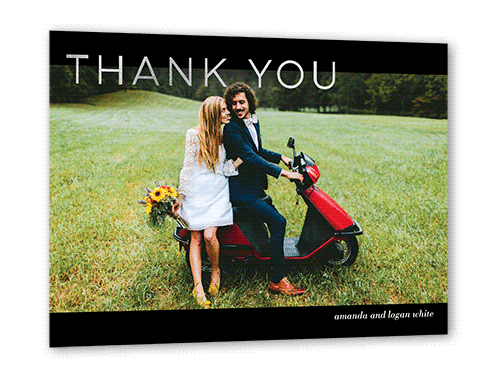 Flourishing Thanks Thank You Card, Black, Silver Foil, 5x7 Flat, Pearl Shimmer Cardstock, Square, Black