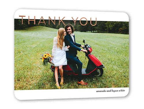 Flourishing Thanks Thank You Card, White, Rose Gold Foil, 5x7 Flat, Pearl Shimmer Cardstock, Rounded, White