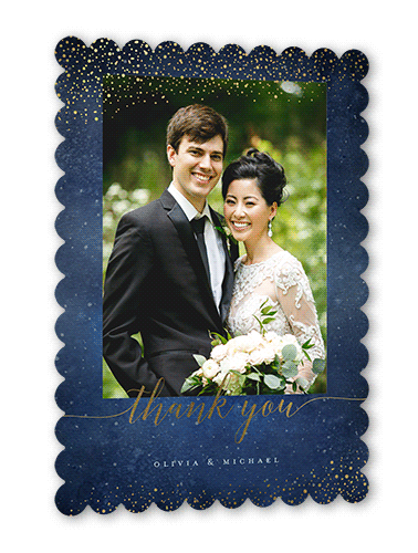 Resplendent Night Thank You Card, Blue, Gold Foil, 5x7, Pearl Shimmer Cardstock, Scallop