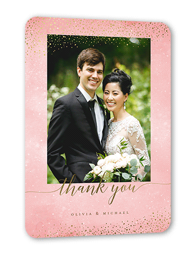Resplendent Night Thank You Card, Gold Foil, Pink, 5x7 Flat, Pearl Shimmer Cardstock, Rounded, Soft Pink