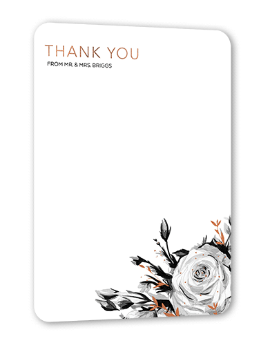 Crisp Petals Thank You Card, Grey, Rose Gold Foil, 5x7, Pearl Shimmer Cardstock, Rounded