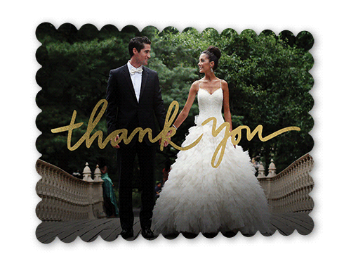 Extended Thanks Thank You Card, White, Gold Foil, 5x7 Flat, Pearl Shimmer Cardstock, Scallop