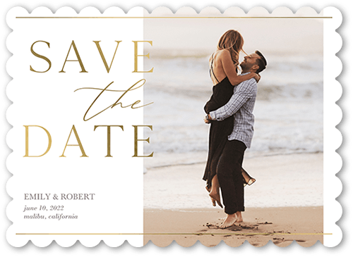 Editorial Lover Save The Date, White, 5x7 Flat, Pearl Shimmer Cardstock, Scallop