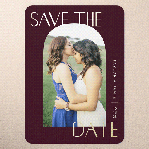 Arch Frame Save The Date, Gold Foil, Red, 5x7 Flat, Pearl Shimmer Cardstock, Rounded, Rich Burgundy