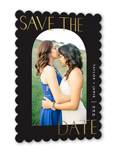 Arch Frame Save The Date, Gold Foil, Black, 5x7, Pearl Shimmer Cardstock, Scallop