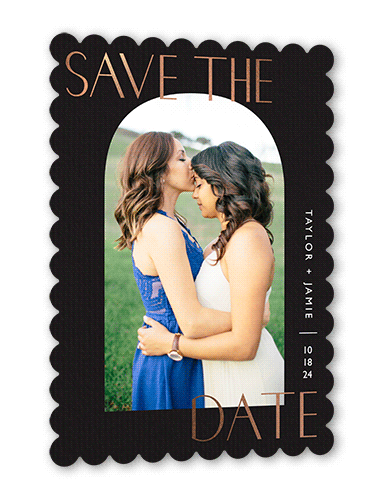 Arch Frame Save The Date, Black, Rose Gold Foil, 5x7, Pearl Shimmer Cardstock, Scallop