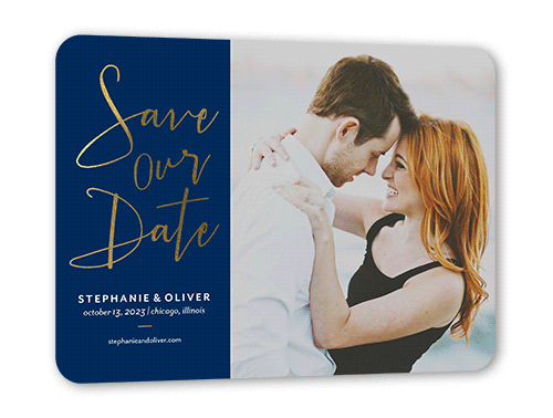Shining Date Save The Date, Gold Foil, Blue, 5x7 Flat, Signature Smooth Cardstock, Rounded, Navy