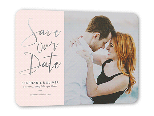Shining Date Save The Date, Pink, Silver Foil, 5x7, Pearl Shimmer Cardstock, Rounded