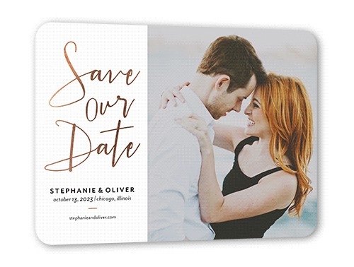 Shining Date Save The Date, White, Rose Gold Foil, 5x7 Flat, Pearl Shimmer Cardstock, Rounded, White