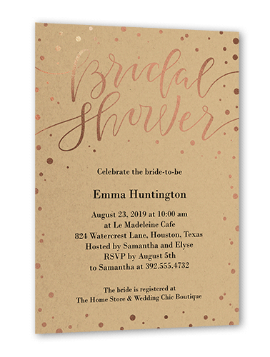Confetti Bride Bridal Shower Invitation, Rose Gold Foil, Brown, 5x7 Flat, Luxe Double-Thick Cardstock, Square