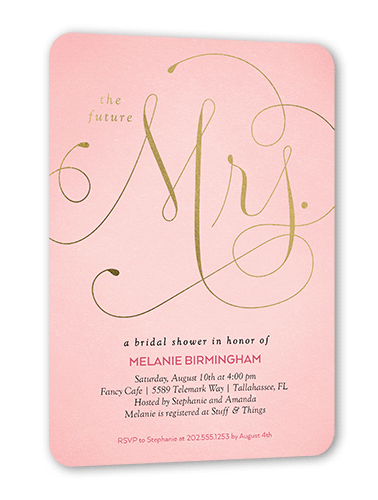 Simply Mrs Bridal Shower Invitation, Pink, Gold Foil, 5x7 Flat, Signature Smooth Cardstock, Rounded, Bloom