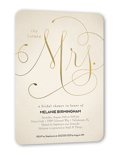 Simply Mrs Bridal Shower Invitation, Beige, Gold Foil, 5x7 Flat, Pearl Shimmer Cardstock, Rounded